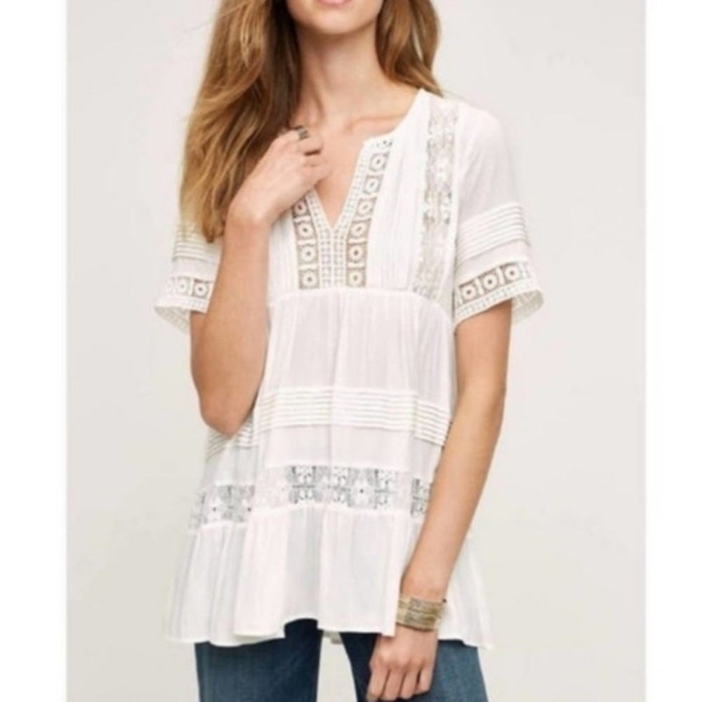 Maeve White Crochet-Trim Short Sleeve Blouse